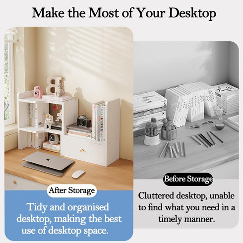 Expandable Wood Desktop Bookshelf, Freestyle Adjustable Display Desk Shelf for Office & Home Storage (White)