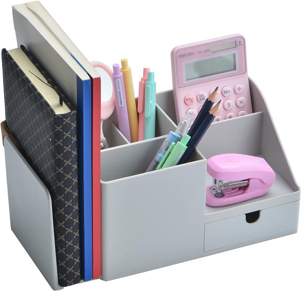 Desk Organizer with Bookshelf, White Multifunctional Organizer with Drawer for Makeup Storage, Small, Grey