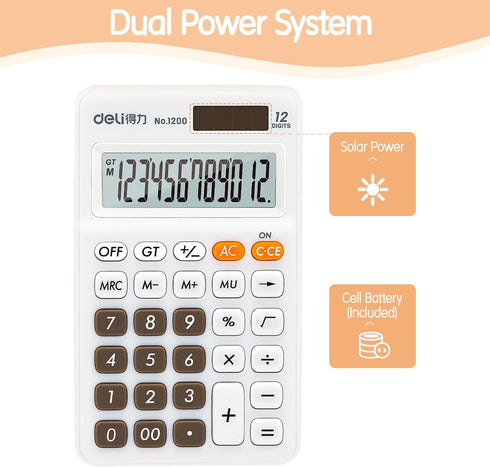 deli 12 Digit Standard Function Basic Calculator, Large LCD Display, Dual Power Office Calculator, White