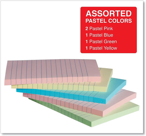 Universal UNV35616 100 Sheet Lined 4 in. x 6 in. Self-Stick Note Pads, Assorted Pastel Colors (5/Pack)