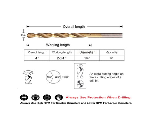 DRILLFORCE 10 PCS, 1/4" x 4" Titanium Coated Twist Drill Bits, Pack in Plastic Bag