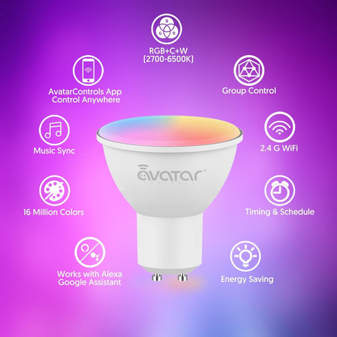 GU10 Smart Bulb 4 Pack, RGBCW Color Changing Alexa LED Light Bulbs 5W - WiFi Track Light Bulbs Dimmable Music Sync 2.4G WiFi Smart Bulbs Compatible with Google Assistant for Kitchen, Bedroom by Avatar Controls
