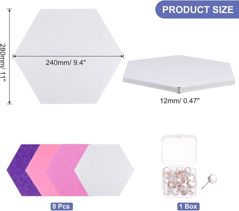 PATIKIL Felt Bulletin Board, 11"x9.4" 8 Packs Self Adhesive Hexagon Felt Tiles for Sound Proofing, Wall Panels with 30