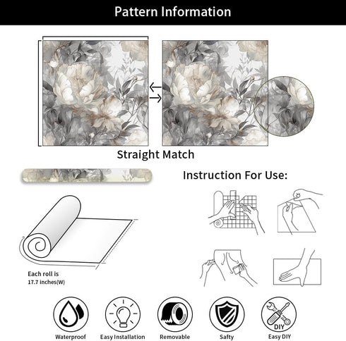 REDAMANCY 17.7"x236" Ivory Grey Peony Flower Watercolor Peel and Stick Wallpaper Modern Wall Paper Stick on Contact