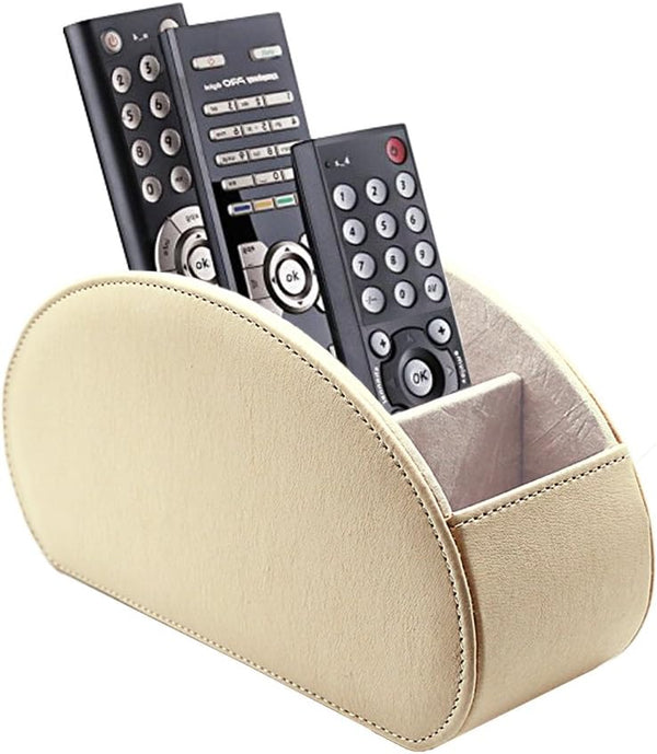 Remote Control Holder Organizer, Beige Leather Storage with 5 Spacious Compartments for Table Desk