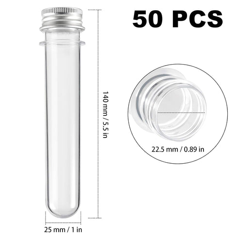 50 PCS 5.5 x 1 inch Clear Plastic Test Tubes with Caps, 40 ml Test Tubes with 50 PCS Sealing Protection Sheets for Plants, Scientific Experiments Candy Storage, Powders, Spices, 140 x 25 mm