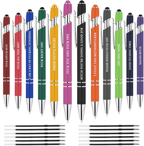 AUAUY 12 PCS Funny Pens, Fun Ballpoint Pen Set with 12 Replacement Refills, 2 in 1 Metal Stylus Pens, Funny Office