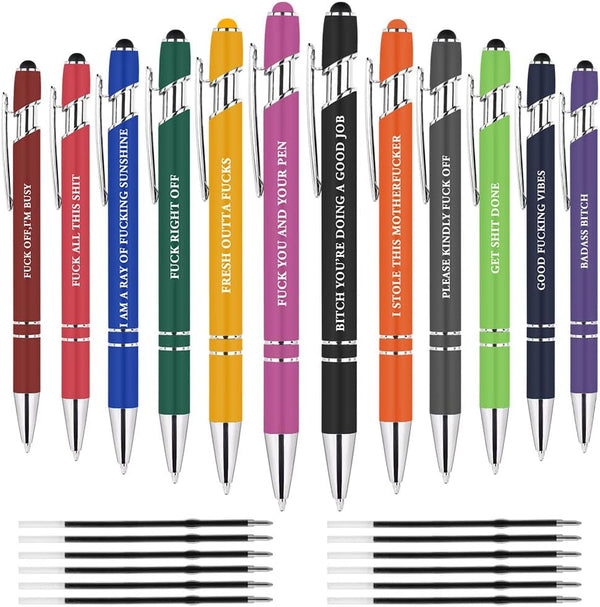 AUAUY 12 PCS Funny Pens, Fun Ballpoint Pen Set with 12 Replacement Refills, 2 in 1 Metal Stylus Pens, Funny Office