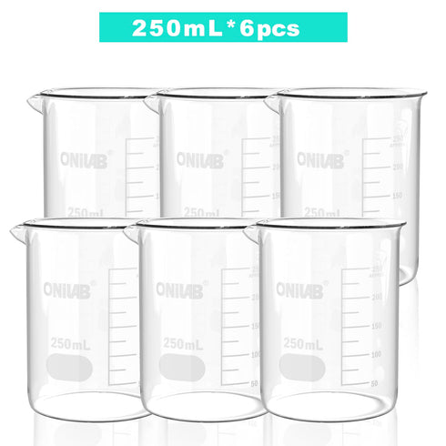 ONiLAB 8.5oz(250ml) Sturdy Glass Beaker, 3.3 Borosilicate Griffin Low Form with Printed Graduation, Pack of 6 13900250