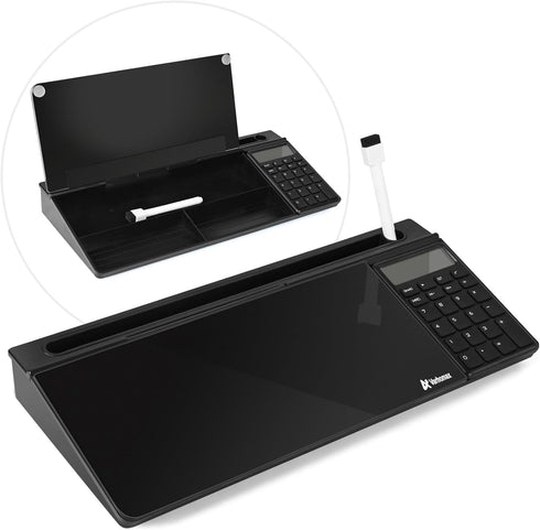 Varhomax Glass Desk Whiteboard - Black with Calculator, Desktop Dry Erase Board with Storage for Home and Office