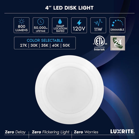 4 Inch Dimmable 5CCT 2700K 3000K 3500K 4000K 5000K, 11W, 800LM, LUXRITE LED Disk Lights, Flush Mount Ceiling Light