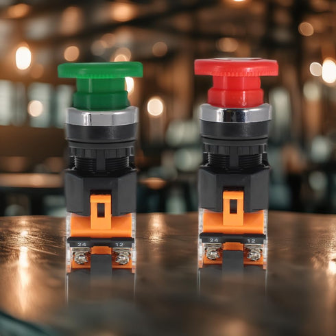 Emergency Push Button Switch, Green & Red Mushroom Head for Home or Industrial Equipment, 22mm, Stay-Put (2 Pack)