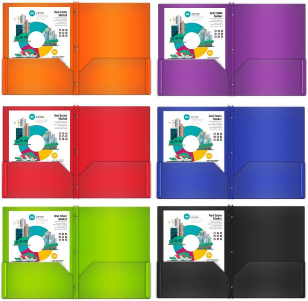 Performore 6 Pack Heavy Duty Plastic Folders, 2 Pockets, 3 Prong File Folders, Assorted Color