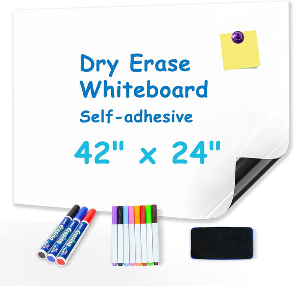Magnetic Dry Erase Board Paper for Wall, Self Adhesive Whiteboard Sticker 42" x 24” for Office Home with Marker Eraser