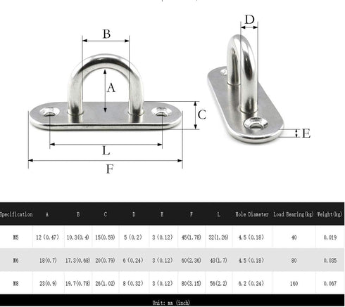 2-Pack M8 Strip Type Eye Plate with Enclosed Hook, 304 Stainless Steel Heavy Duty Ceiling & Wall Mount