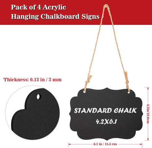 Kamehame Set of 4 Hanging Chalkboard Signs - Small 6.1x4.2 Acrylic Blackboard with Jute String for Memo Message Board