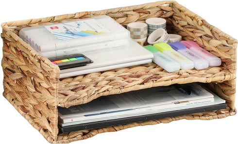 BTSKY 2 Tier Water Hyacinth Letter File Storage Basket, Woven Paper Organizer Tray for Desk Document and Office Paper