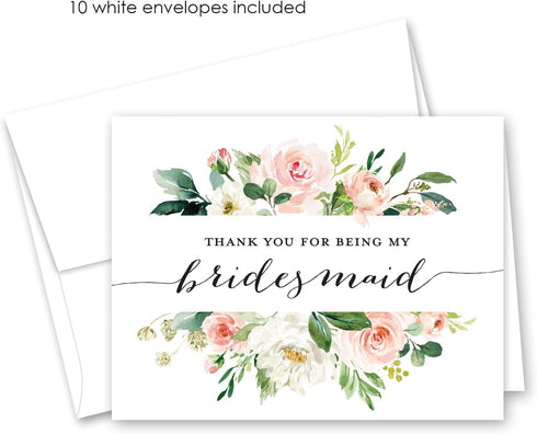 InvitationHouse Blush Floral Bridesmaid Thank You Cards - Set of 10 Bridal Party Thank You Cards