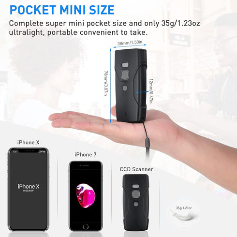 JRHC Mini 2D Bluetooth Barcode Scanner, Portable Wireless 3-in-1 Reader for iOS, Android, Windows, Mac Tablets & PC