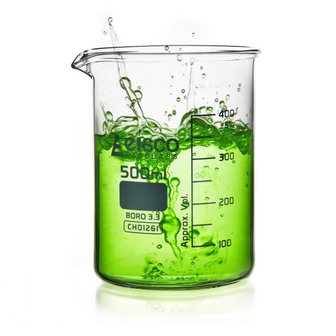 EISCO Beaker, 500ml - Low Form with Spout - White, 50ml Graduations - Borosilicate 3.3 Glass