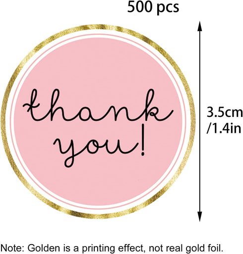 Chic Gold Thank You Labels, Round Pink Adhesive Stickers, 1.4 Inch, 500 Pack