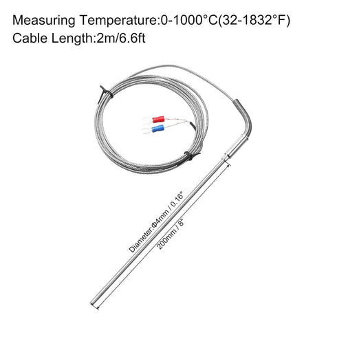MECCANIXITY K Type Thermocouple Temperature Sensor Probe 4x200mm 6.6ft Wire 0 to 1000°C(32 to 1832°F) Stainless Steel