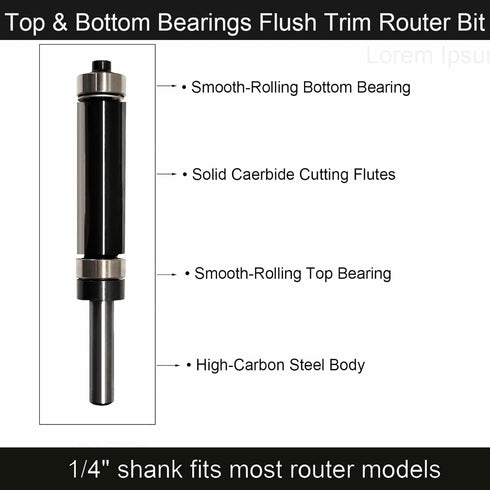 4Pcs 1/4 Trimming, Double Bearing Flush Trim Router Bit Shank, Top and Bottom Bearing, for Template & Pattern Routing
