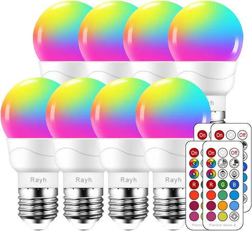 Color Changing Light Bulb, RGB LED with Remote Control, 40W Equivalent Dimmable 5W, 500LM, 2700K Warm White, 8 Pack