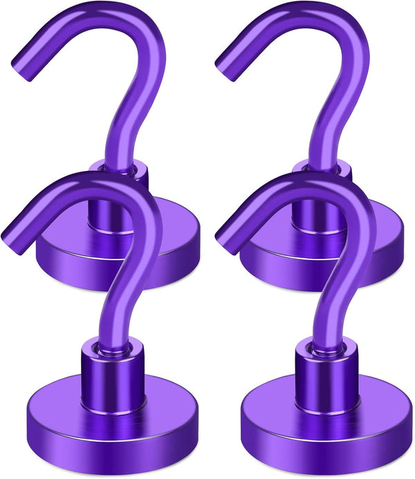 MIKEDE Heavy Duty Magnetic Hooks, 28LB+ Strong Neodymium Magnets for Fridge, Toolbox, Grill, 4 Pack (Purple)