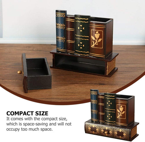 Kisangel False Book Box - Vintage Wooden Pen Pencil Storage Holder, Antique Classic Fake Book 15x13.5cm with Drawer for