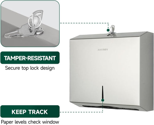250-Sheet 10.6" 3.9") anydry Wall Mount Paper Towel Dispenser Capacity Brushed Stainless Steel Lockable Fits