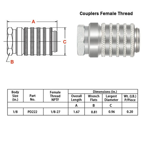 PD222 Test Port and Diagnostic Equipment Quick Couplings (SAE J1502 / ISO 15171-1), Push to Connect - PD Series Couplers,1/8" Body Size, 1/8"-27 NPTF Thread Size, 1.67" Length…