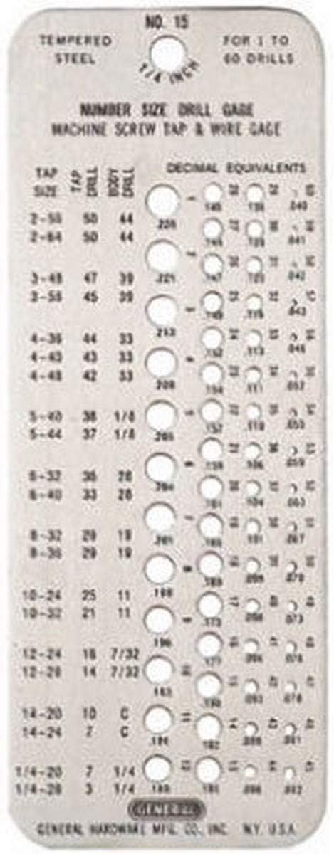 General Tools 15 Drill Gage for Number Size Drills 1 To 60