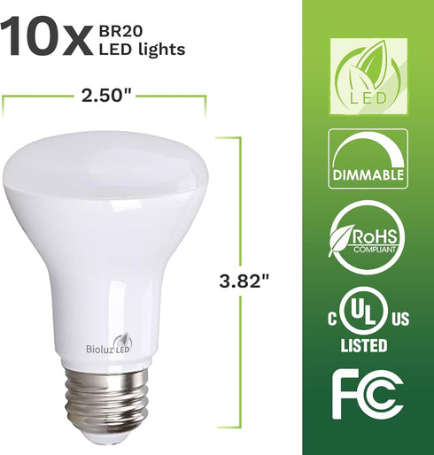 Bioluz LED 10 Pack BR20 LED Bulb 6W=50W 2700K Warm White 90 CRI Dimmable UL-Listed CEC Title 20 Compliant 540 Lumen Outdoor/Indoor Flood Light (Pack of 10) by Bioluz LED