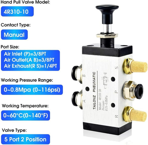 TAILONZ PNEUMATIC 3/8"NPT 5 Way 2 Position Air Hand Lever Operated Valve, Manual Control Push-Pull