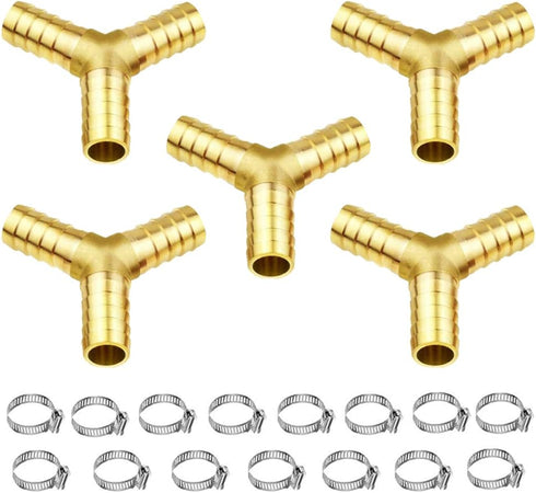 Joywayus 5Pcs 3/8" ID Hose Barb Shaped Y 3 Way Union Fitting, Brass Water/Fuel/Air Intersection/Split