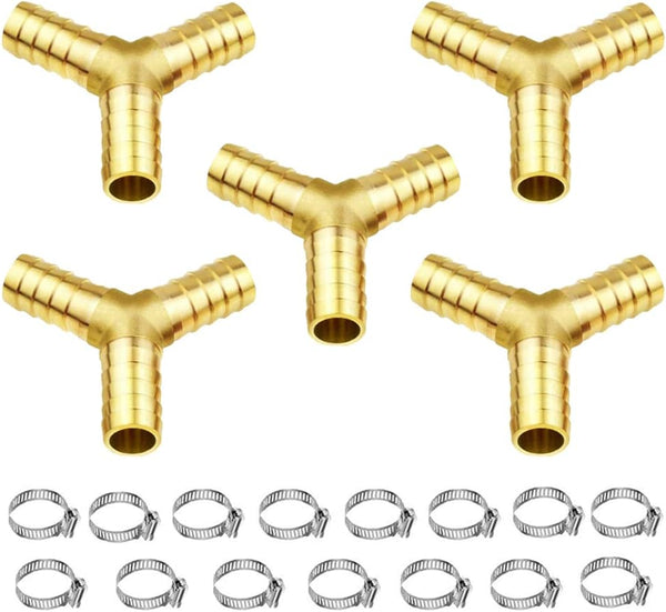 Joywayus 5Pcs 3/8" ID Hose Barb Shaped Y 3 Way Union Fitting, Brass Water/Fuel/Air Intersection/Split