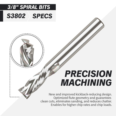 3/8 Compression Bit CNC, Solid Carbide Spiral Router Bit, 3/8" Cutting Dia, 3/8" Shank, CNC Router Bits