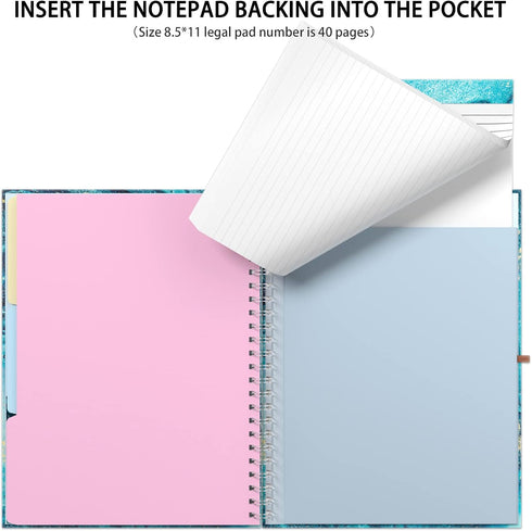 Rimilak Spiral Clipboard Folio with Refillable Lined Notepad, 14.5 x 9.8 Inch Teal Marble Clipfolio with 5 Pockets