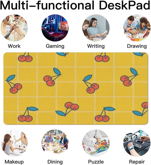 Generic 35. 4" 16. 5" Cute Cherry Yellow Plaid Desk Mat Multifunctional Large Mouse Pad for Desk, Waterproof Dual Sided