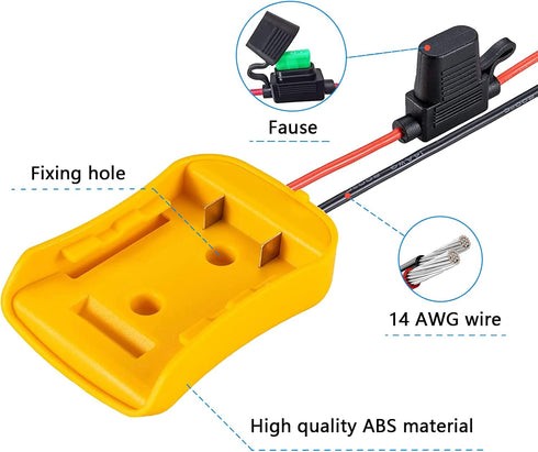Power Wheel Adapter for DeWalt 20V Battery with Fuse & Wire Terminals, Works with DCB205, DCB206, DCB200