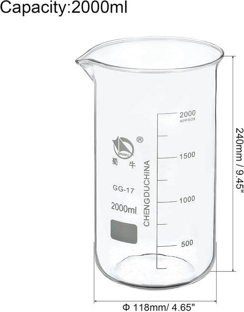 PATIKIL 2000ml Tall Form Glass Beaker, 3.3 Borosilicate Glass Graduated Measuring Cups with Spout