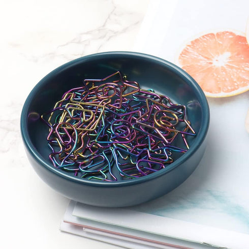 MEI YI TIAN Small Ceramic Paperclip Holder for Desk, Round Macaron Navy Blue Paper Clip Dispenser, Cute Storage Plate