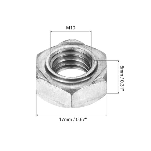 uxcell 10Pcs Hex Weld Nuts, M10x1.5mm Carbon Steel Hex Nuts for DIY Home Repair, Silver