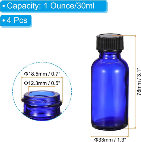 PATIKIL 1oz(30ml) Glass Sample Bottles, 4Pcs Round Bottle Dispensing Bottles with Black Poly Cone Cap for Reagent Liquids, Essential Oils, Perfume, Blue by PATIKIL