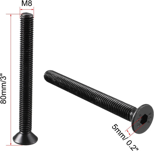 uxcell M8x80mm 10.9 Carbon Steel Countersunk Head Hex Socket Screw - 8pcs