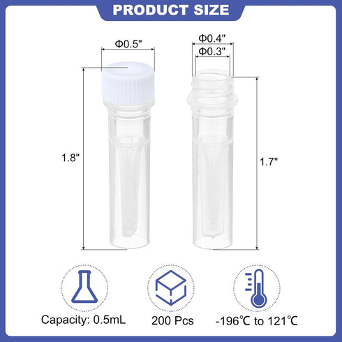 PATIKIL 0.5ml Plastic Cryogenic, 200Pcs Self Standing Cryogenic Vial Screw Top Frozen Test Tube for Lab Laboratory Science, White Cap
