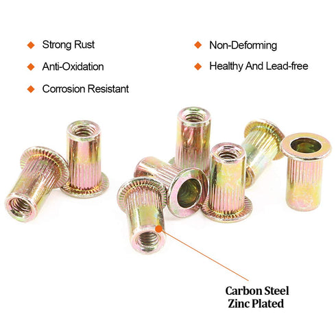 120-Pcs 5/32''-32UNC Mixed Zinc Plated Carbon Steel Rivet Nut Flat Head Insert Nutsert Assortment Kit