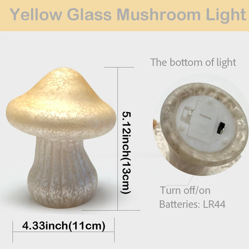 Glass Small Mushroom Table Lamp - Mushroom Night Light Battery Operated Warm Amber Glow Cute Bedside Lamp for Kids