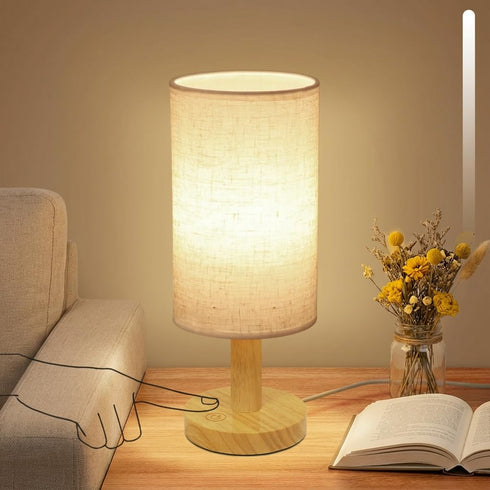 Touch Bedside Table Lamp - Stepless Dimming USB Powered, Minimalist Wood Base